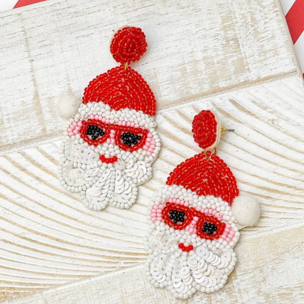 Cool Dude Santa Claus Seed Beaded Christmas Earrings